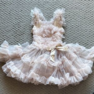 Popatu Blush Pink Layered Tulle Dress with Gold Polka Dot Bow